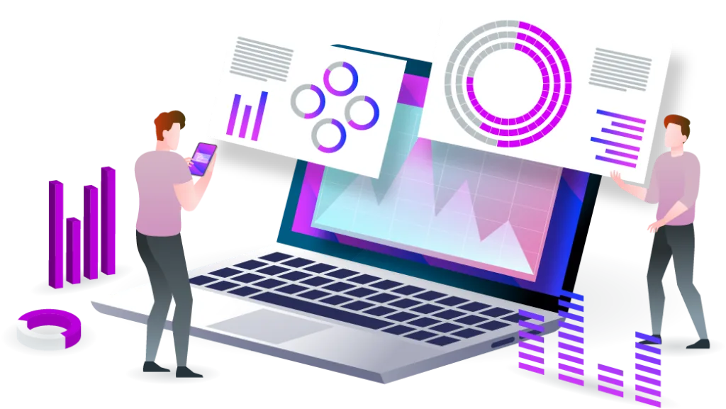 Illustration of two analysts working with charts on a large laptop screen