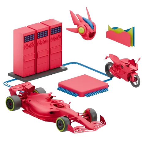 Isometric illustration of an F1 car, a motorbike and server racks linked to a data hub