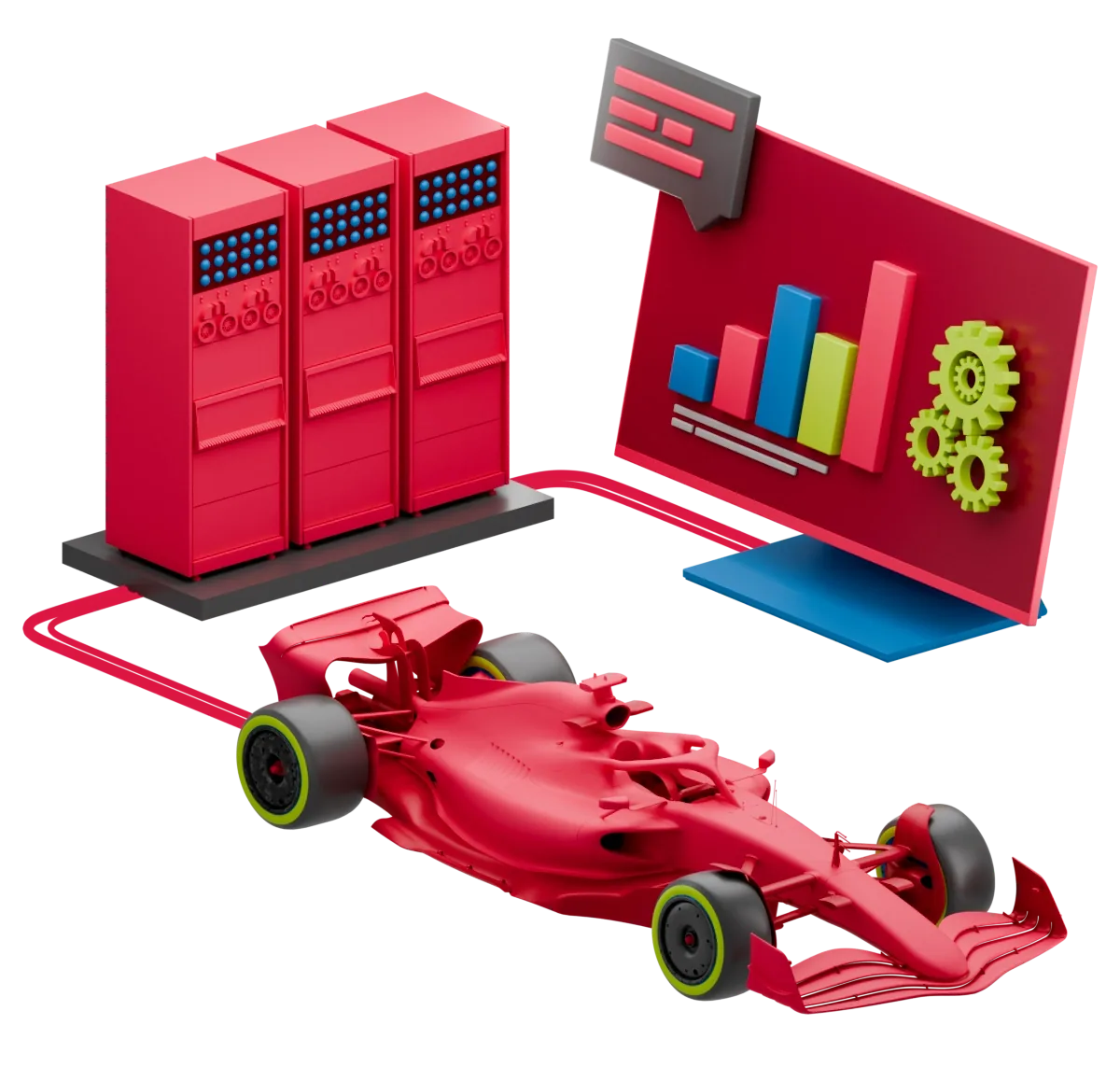 Isometric illustration of server racks connected to an F1 car and a chart dashboard