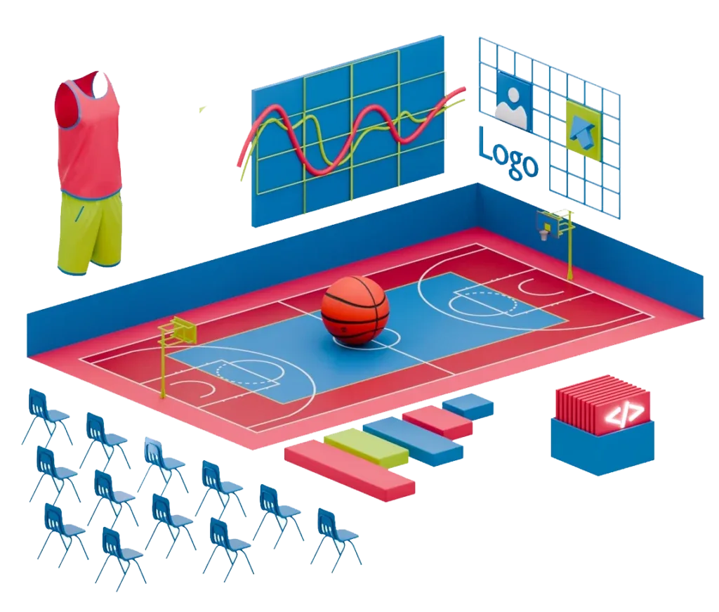 Isometric illustration of a basketball court with sponsor logos tracked on screens