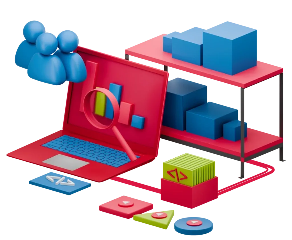 Isometric illustration of a laptop, data boxes on shelves and a magnifying glass