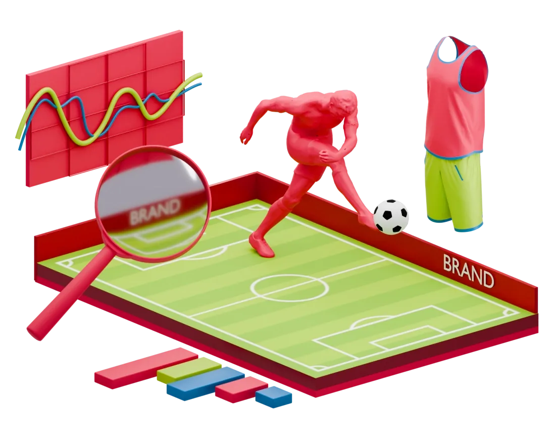 Isometric illustration of a football pitch with a magnifying glass detecting brand logos