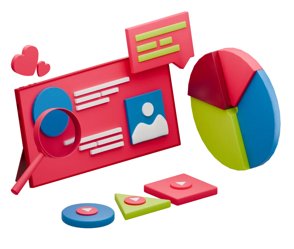 Isometric illustration of a social media profile card with likes and a pie chart