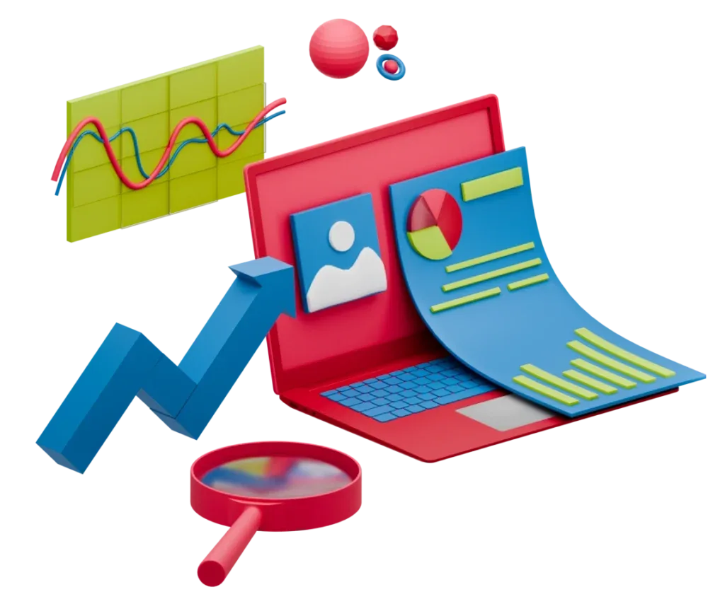 Isometric illustration of a laptop with charts and a printed report