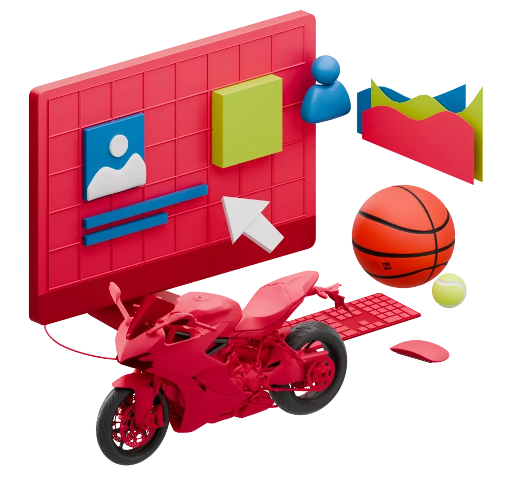 Isometric illustration of a racing motorbike in front of a data dashboard
