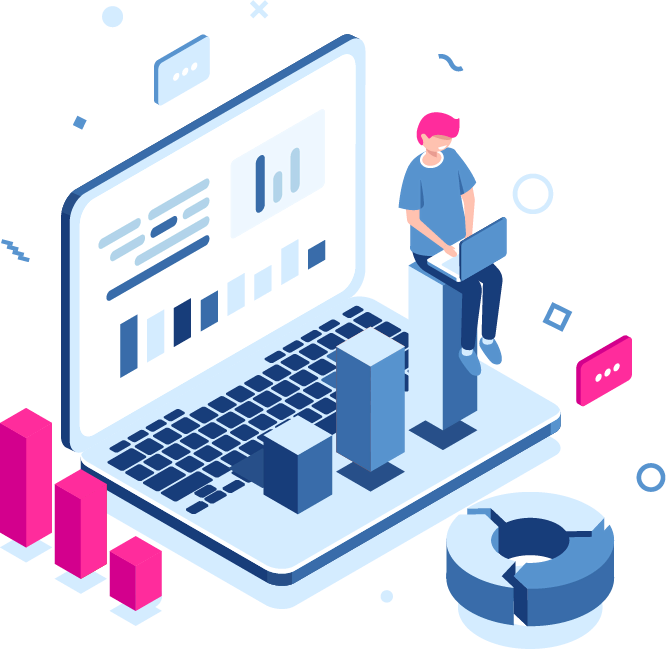 Isometric illustration of a laptop with charts and a person analyzing data